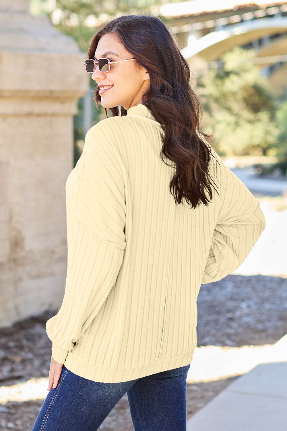 Basic Bae Full Size Ribbed Exposed Seam Mock Neck Knit Top - Delanoir