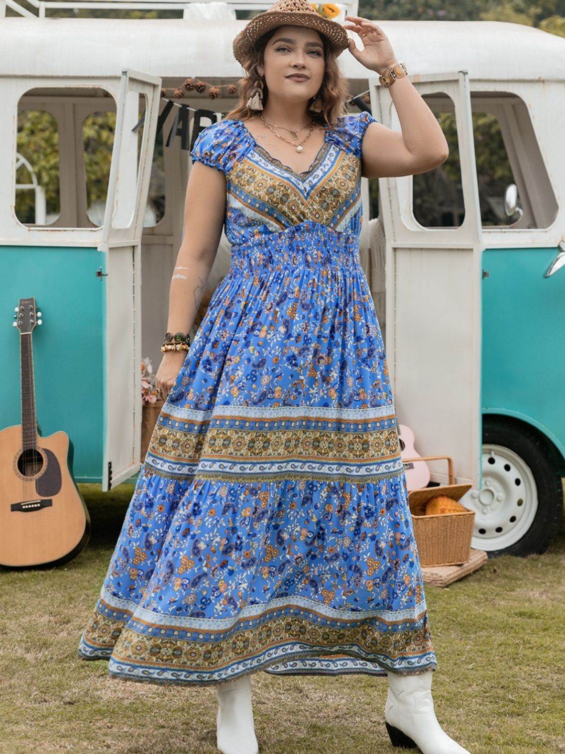 Plus Size Smocked Printed Cap Sleeve Dress - Delanoir