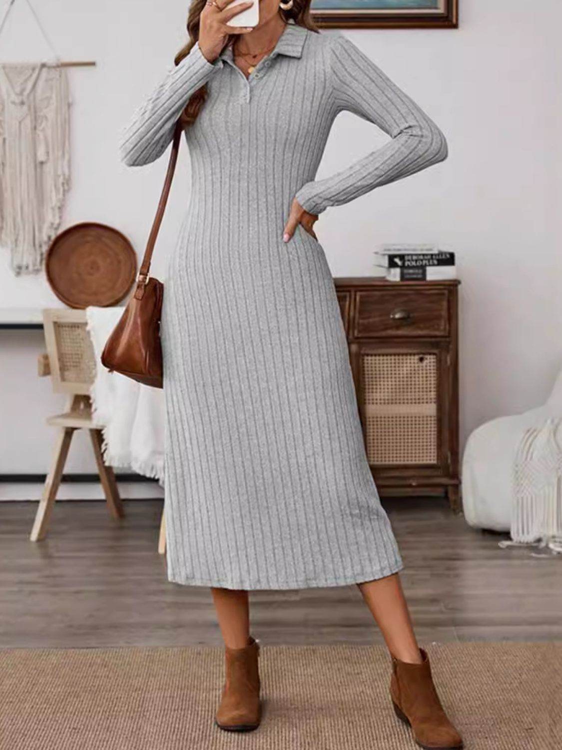Collared Neck Long Sleeve Midi Dress - Delanoir