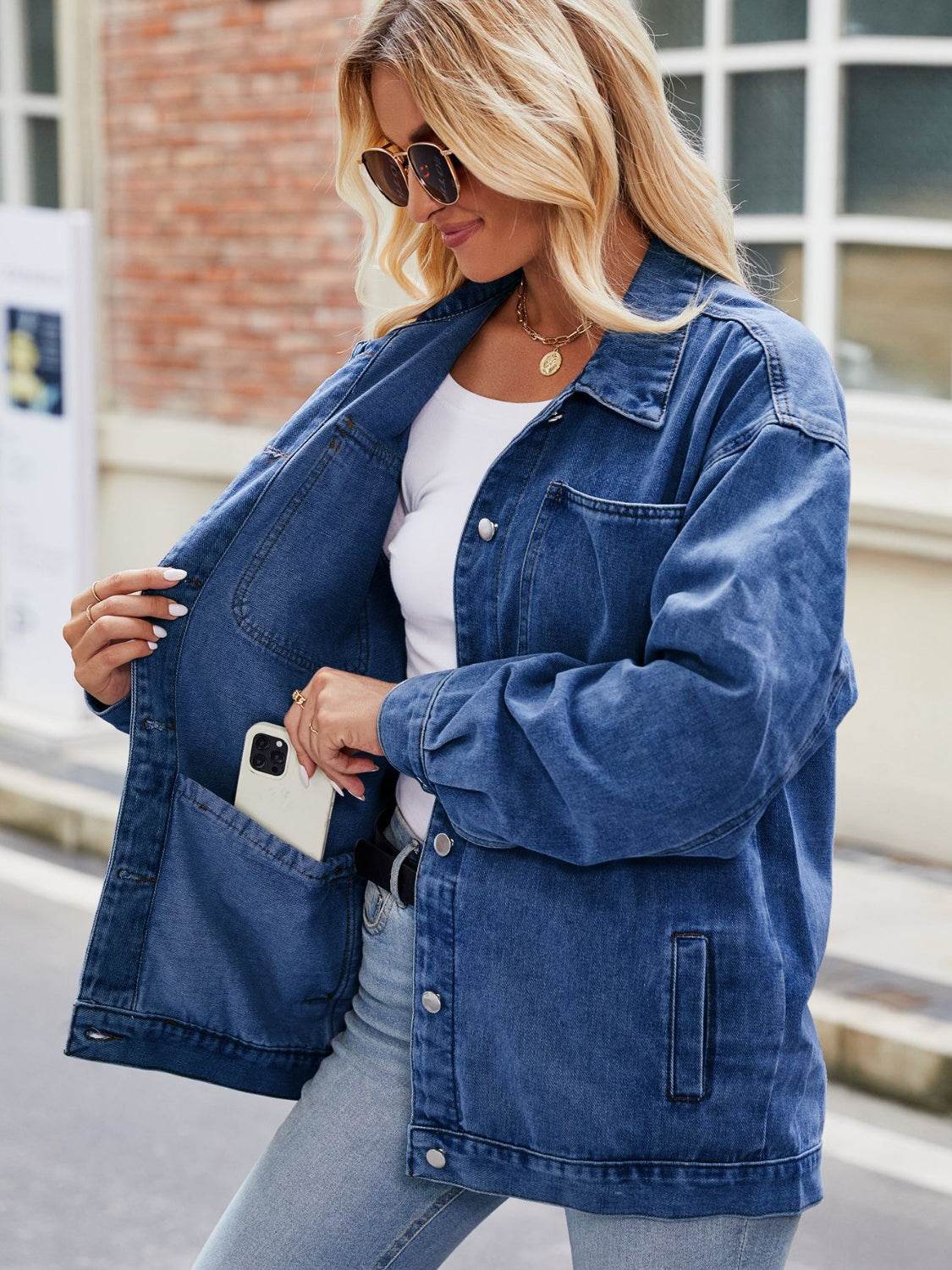 Button Up Denim Jacket with Pockets - Delanoir
