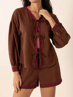 Tied V-Neck Long Sleeve Top and Shorts Set - Delanoir