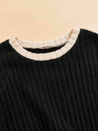 Contrast Round Neck Long Sleeve Top and Bootcut Pants Set - Delanoir