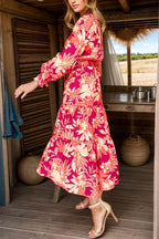Printed Collared Neck Long Sleeve Dress - Delanoir