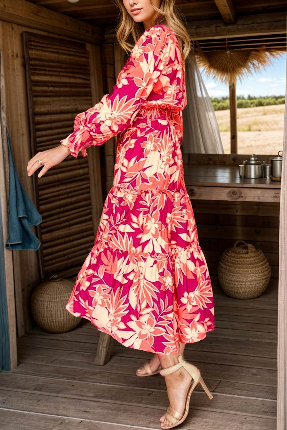 Printed Collared Neck Long Sleeve Dress - Delanoir