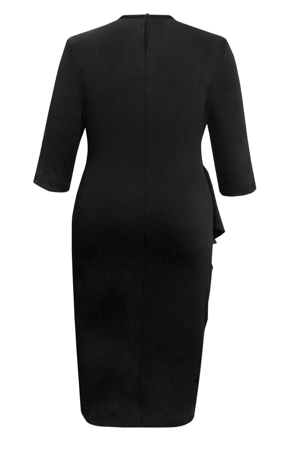 Plus Size Ruffle Trim Round Neck Long Sleeve Dress - Delanoir