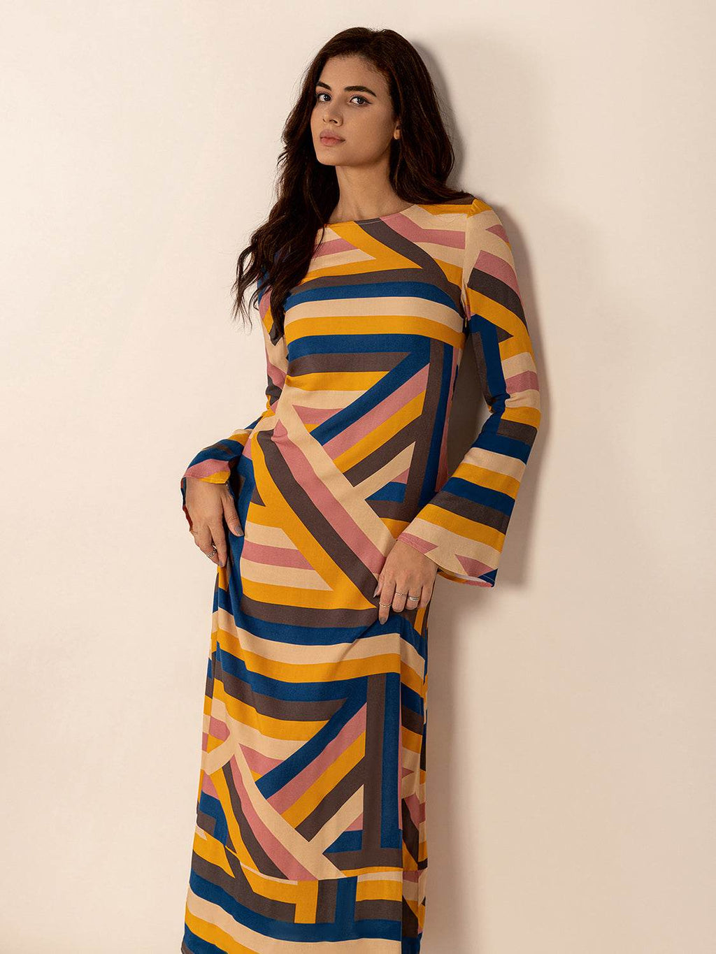 Contrast Round Neck Flare Sleeve Midi Dress - Delanoir