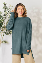 Basic Bae Full Size Ribbed Round Neck Long Sleeve Slit Top - Delanoir