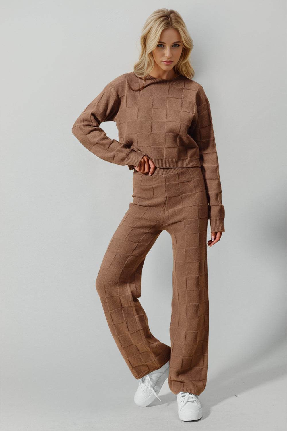 Double Take Full Size Checkered Round Neck Top and Pants Set - Delanoir