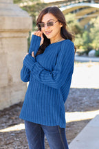 Basic Bae Full Size Ribbed Round Neck Long Sleeve Knit Top - Delanoir