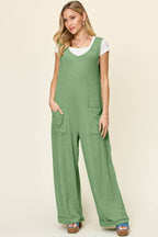 Double Take Full Size Texture Sleeveless Wide Leg Jumpsuit - Delanoir