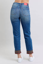 Judy Blue Full Size Plaid Print Cuff Straight Leg Jeans with Pockets - Delanoir