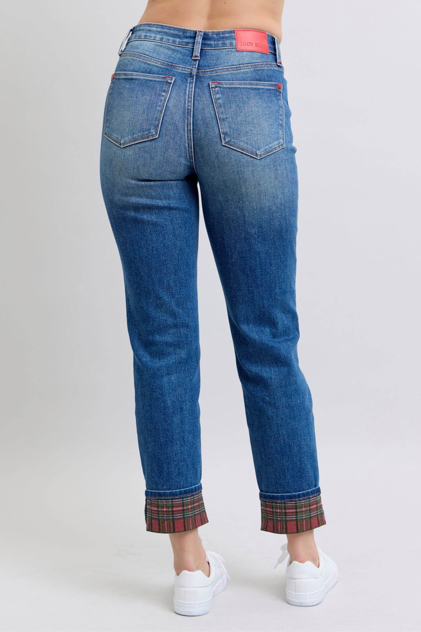 Judy Blue Full Size Plaid Print Cuff Straight Leg Jeans with Pockets - Delanoir