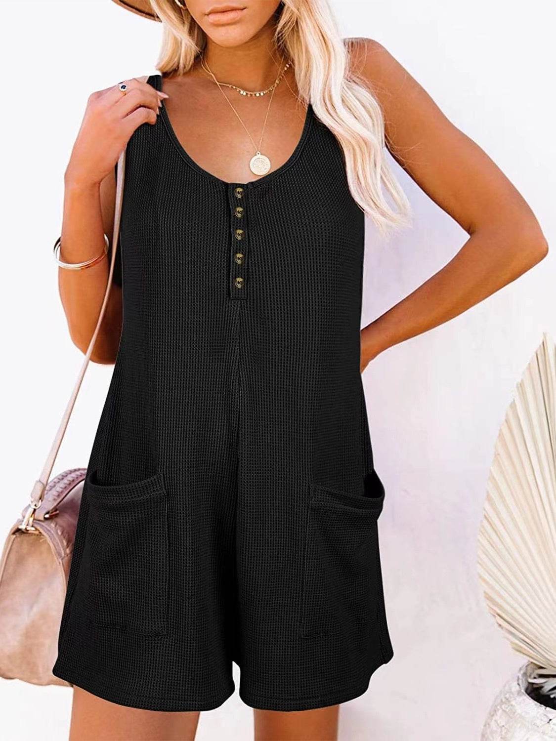 Full Size Pocketed Scoop Neck Sleeveless Romper - Delanoir