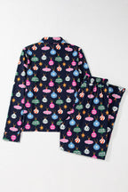 Christmas Lights Print Collared Neck Top and Pants Set - Delanoir
