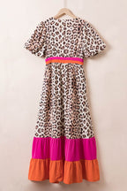 Full Size Leopard V-Neck Half Sleeve Maxi Dress - Delanoir