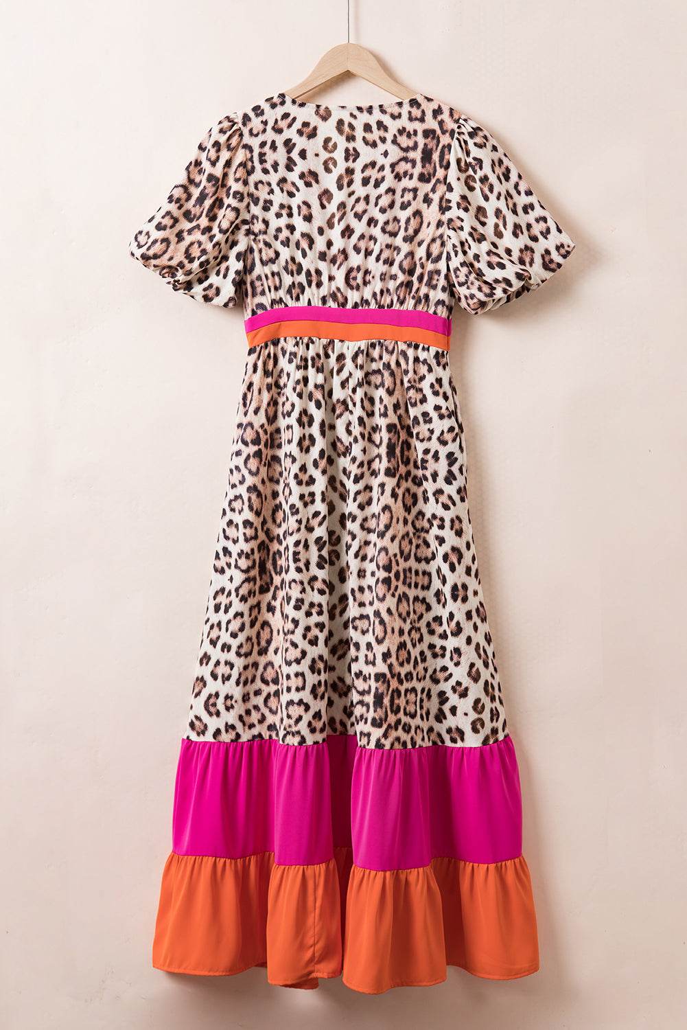 Full Size Leopard V-Neck Half Sleeve Maxi Dress - Delanoir