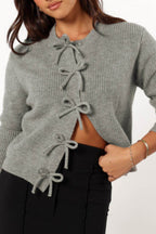 Bow Round Neck Long Sleeve Cardigan - Delanoir