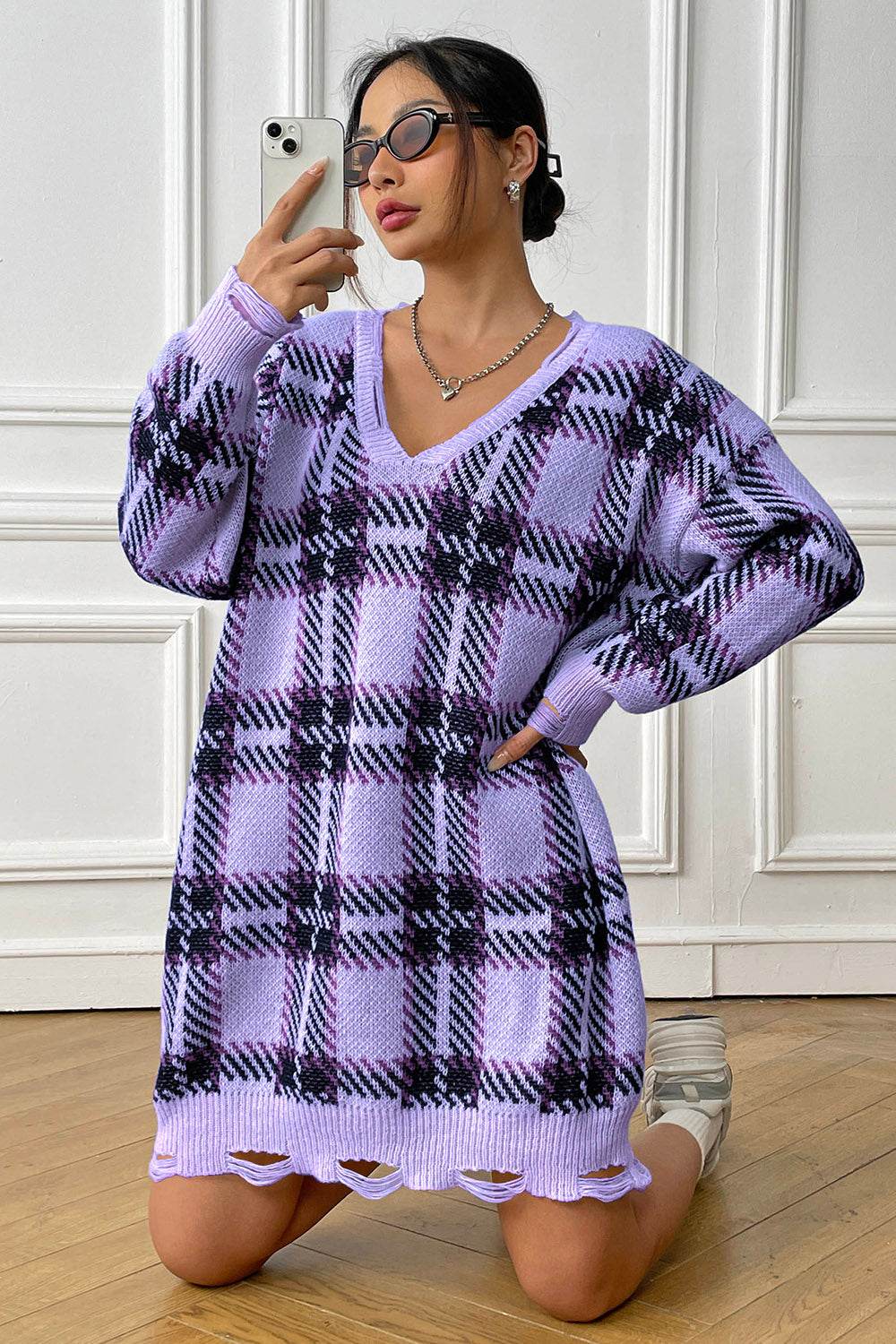 Plaid V-Neck Long Sleeve Sweater Dress - Delanoir