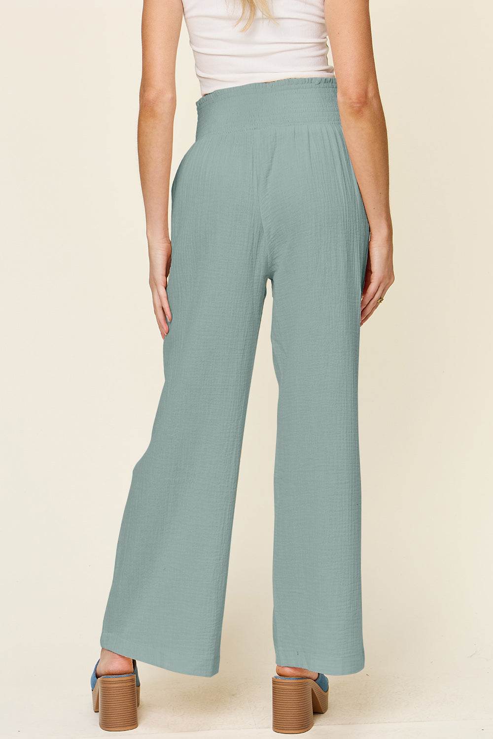 Double Take Full Size Texture Smocked Waist Wide Leg Pants - Delanoir