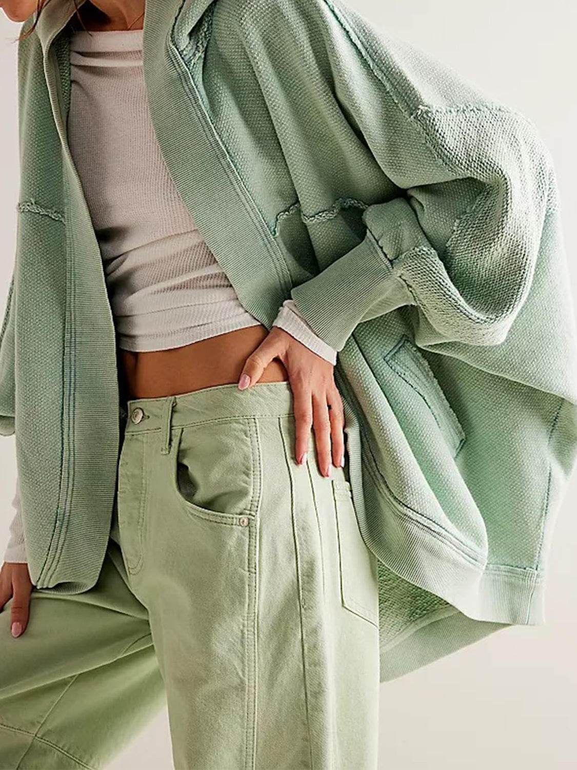 Exposed Seam Open Front Batwing Sleeve Hooded Cardigan - Delanoir