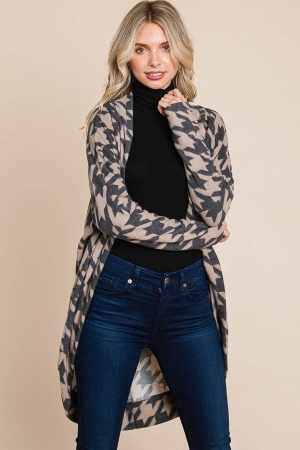 BOMBOM Houndstooth Open Front Cocoon Knit Cardigan - Delanoir