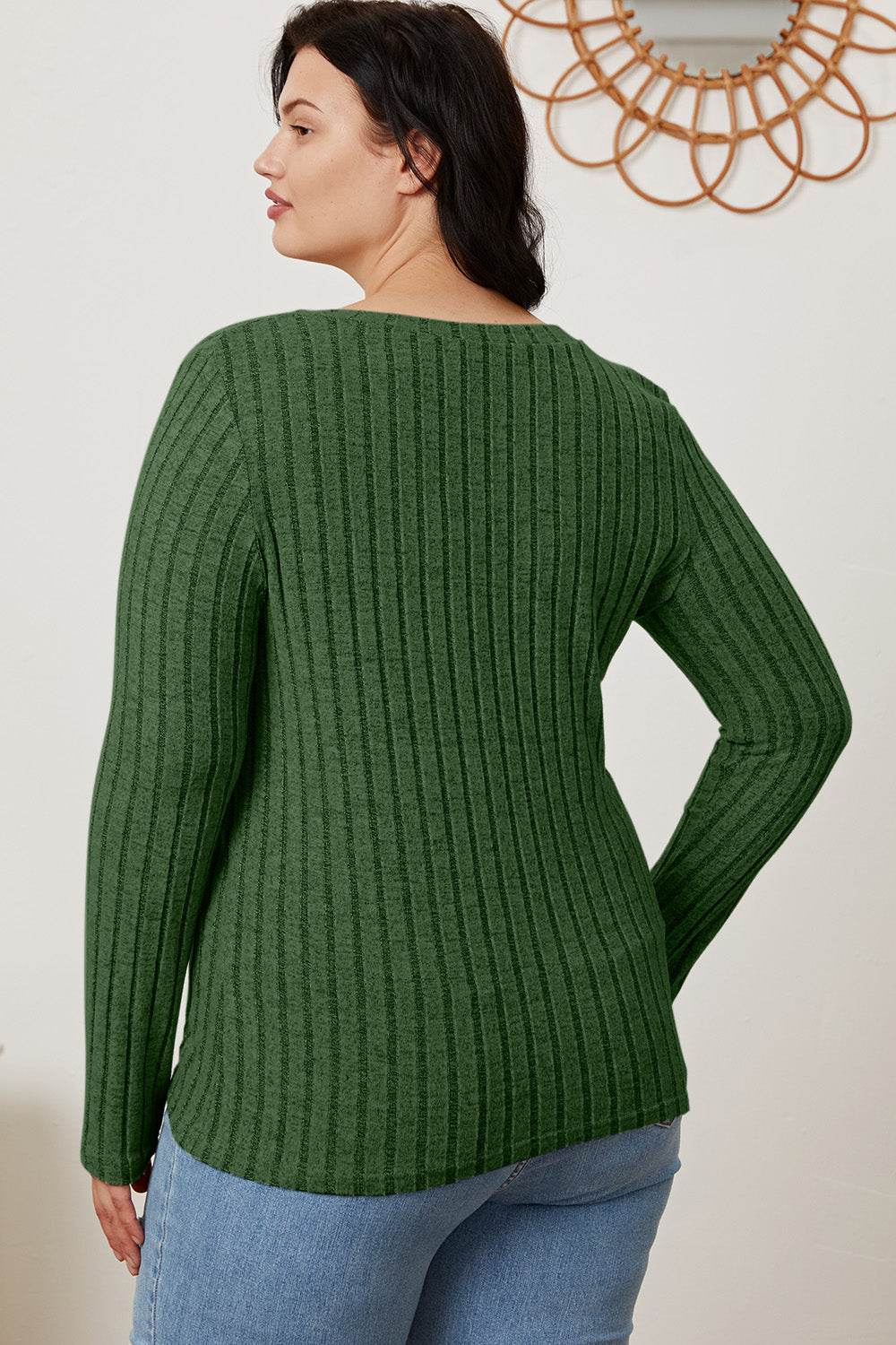 Basic Bae Full Size Ribbed V-Neck Long Sleeve T-Shirt - Delanoir