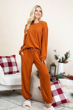 Super Lady Full Size Fuzzy Hacci Brush Round Neck Top and Pants Lounge Set - Delanoir