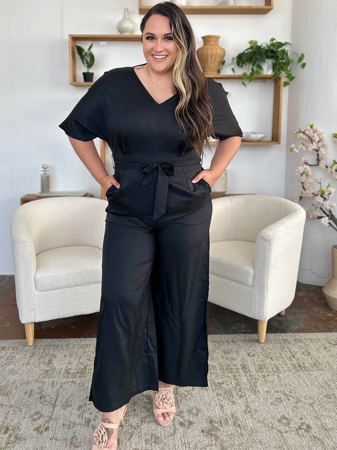 Double Take Full Size V-Neck Tied Side Slit Jumpsuit - Delanoir