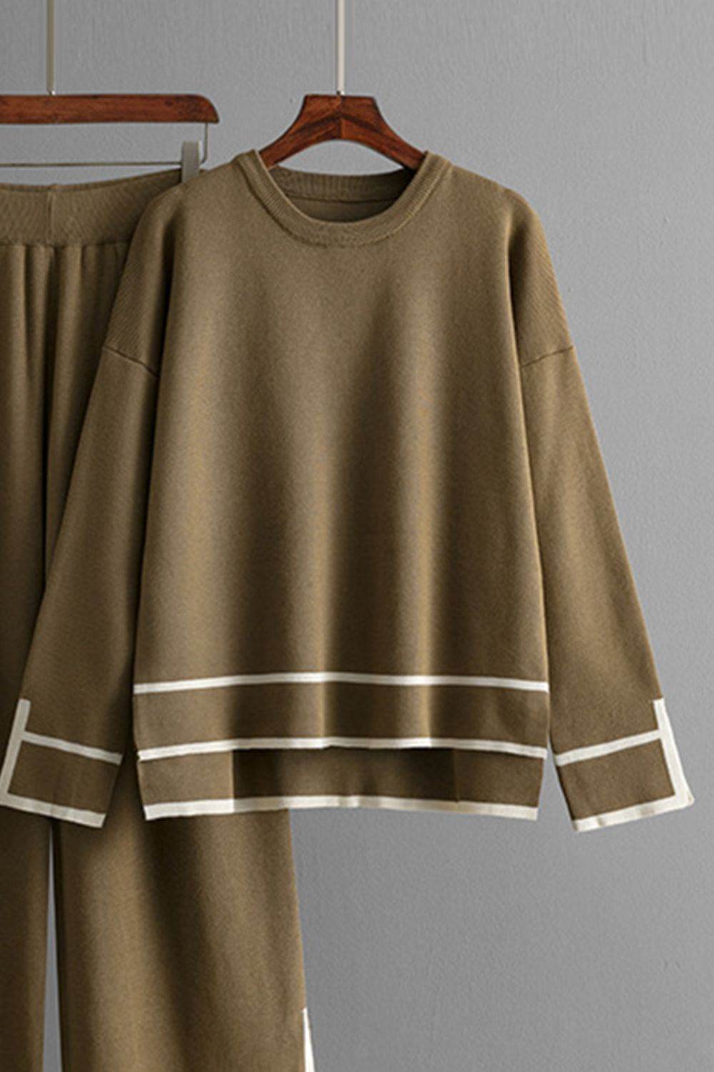High-Low Round Neck Top and Pants Sweater Set - Delanoir