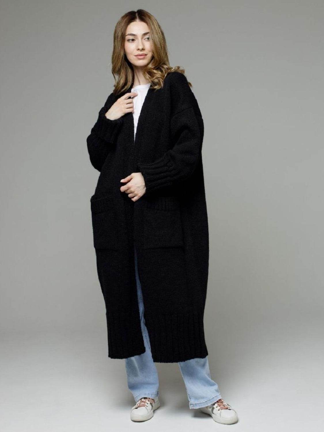 Pocketed Open Front Dropped Shoulder Cardigan - Delanoir