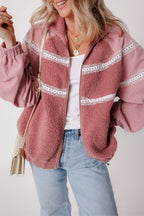 Lace Detail Zip Up Sherpa Patchwork Jacket - Delanoir
