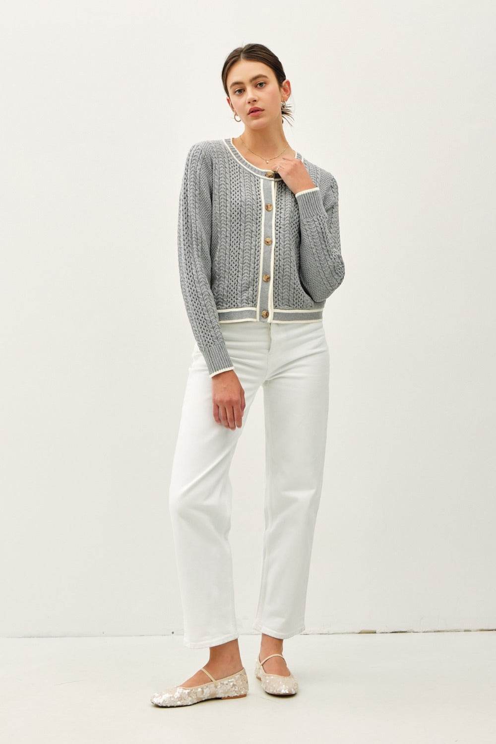 Be Cool Cable Knit Long Sleeve Contrast Edge Cardigan - Delanoir