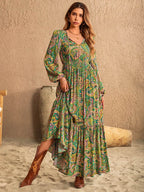 Printed Tie Neck Long Sleeve Dress - Delanoir