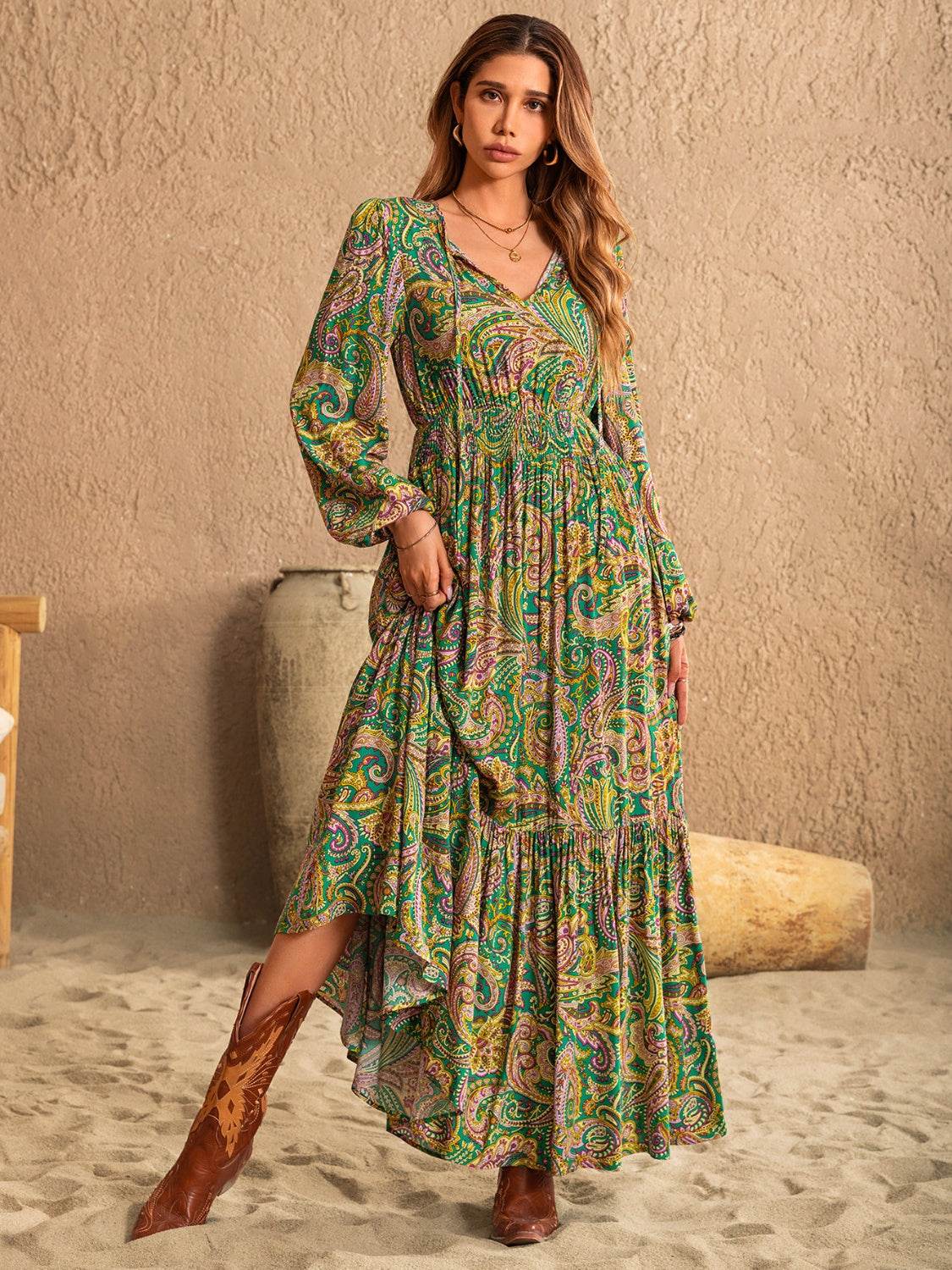 Printed Tie Neck Long Sleeve Dress - Delanoir