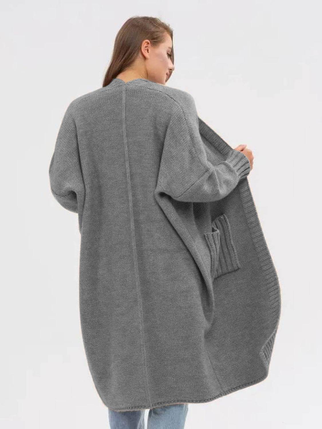 Pocketed Open Front Long Sleeve Longline Cardigan - Delanoir
