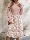 Ruffled Floral Long Sleeve Knee Length Dress - Delanoir