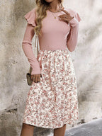 Ruffled Floral Long Sleeve Knee Length Dress - Delanoir
