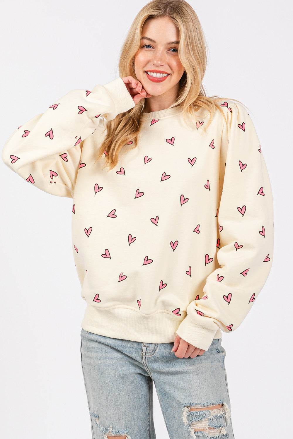 SAGE + FIG Heart Printed Contrast Long Sleeve Sweatshirt - Delanoir