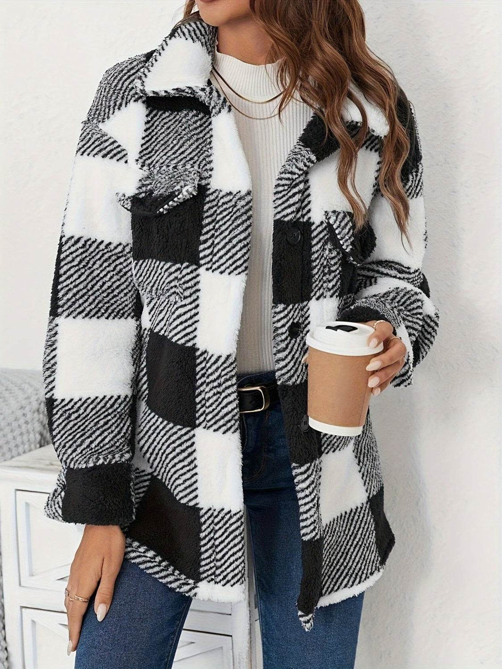 Plaid Button Up Long Sleeve Fuzzy Outerwear - Delanoir