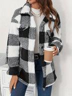 Plaid Button Up Long Sleeve Fuzzy Outerwear - Delanoir
