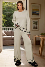 High-Low Round Neck Top and Pants Sweater Set - Delanoir