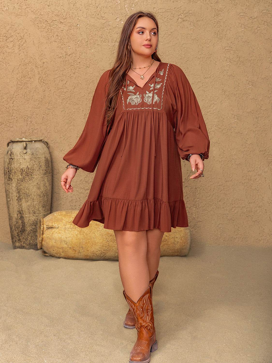 Plus Size Embroidered Tie Neck Balloon Sleeve Mini Dress - Delanoir