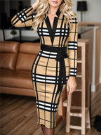 Plus Size Plaid V-Neck Long Sleeve Wrap Dress - Delanoir