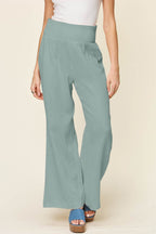 Double Take Full Size Texture Smocked Waist Wide Leg Pants - Delanoir
