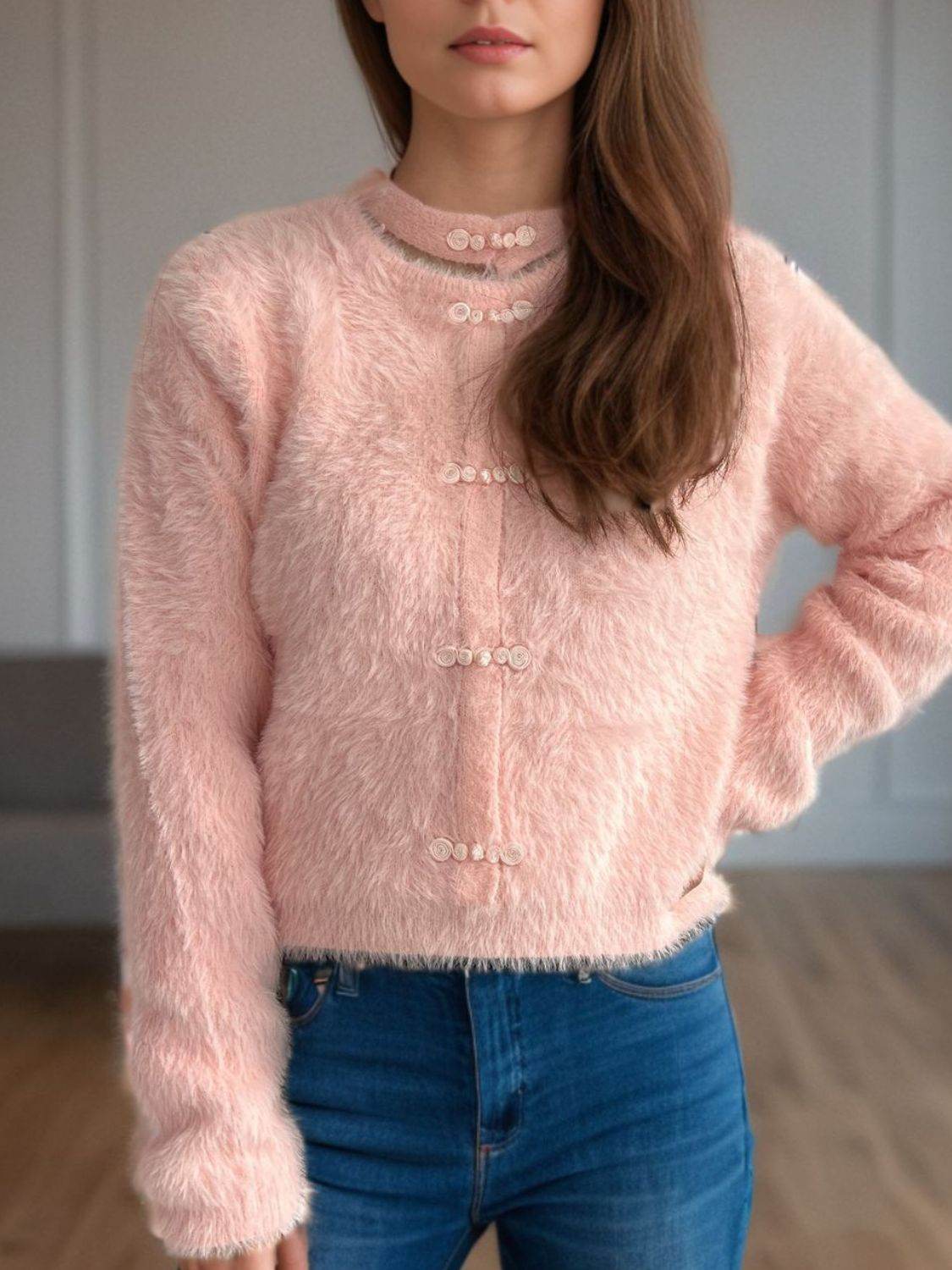 Cutout Knot Button Long Sleeve Cardigan - Delanoir