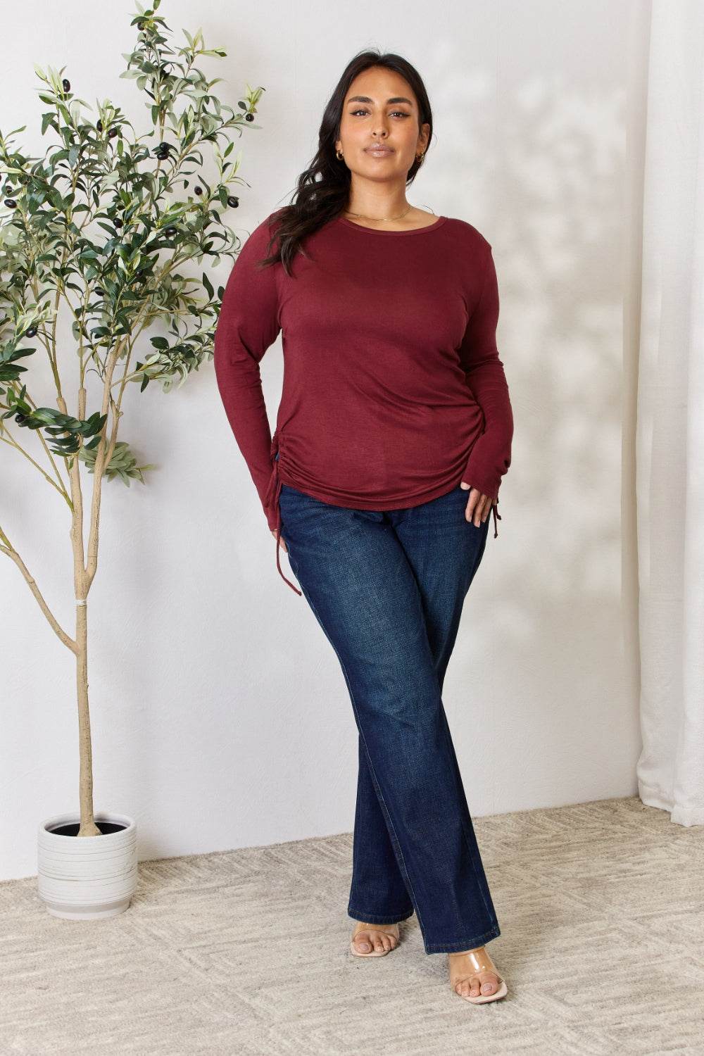 Culture Code Full Size Drawstring Round Neck Long Sleeve Top - Delanoir