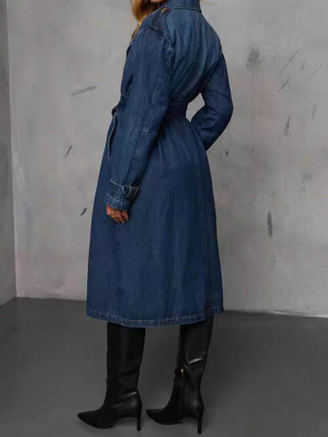 Button Up Long Sleeve Longline Denim Jacket - Delanoir
