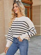 Round Neck Striped Lantern Sleeve Sweater - Delanoir