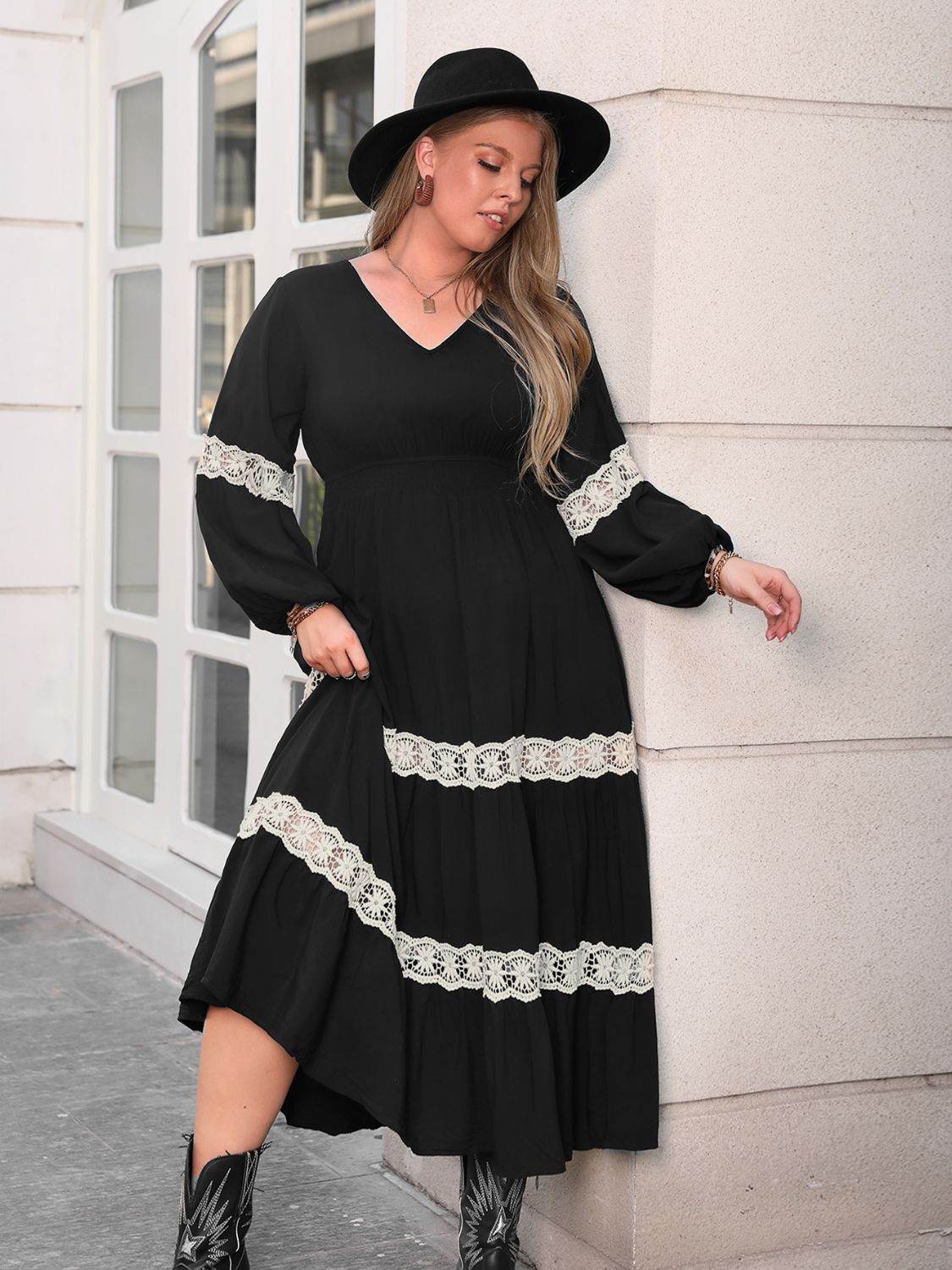 Plus Size Lace Detail V-Neck Long Sleeve Midi Dress - Delanoir