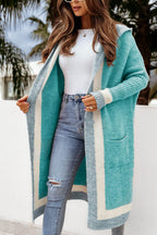 Pocketed Contrast Long Sleeve Hooded Cardigan - Delanoir
